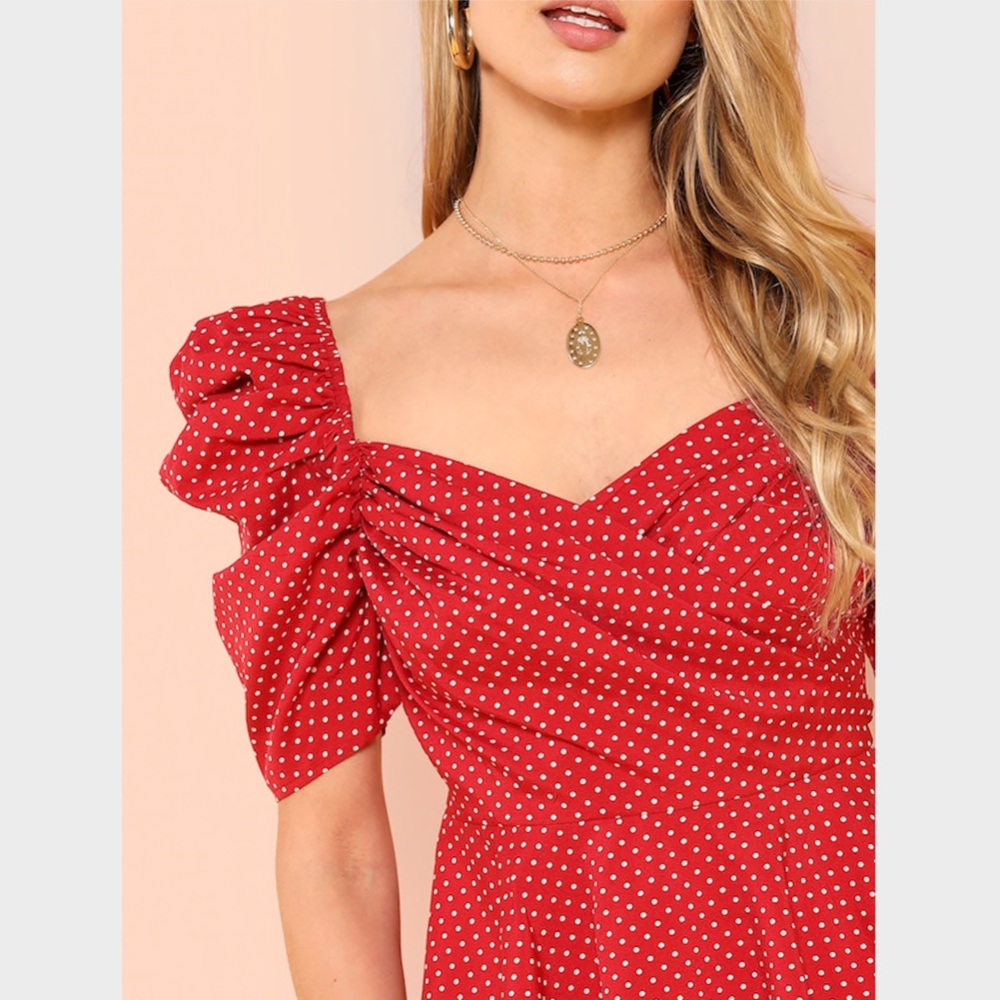 Wrap Front Polka Dot Top Maroon Red Puff Sleeves - Picture 4 of 6